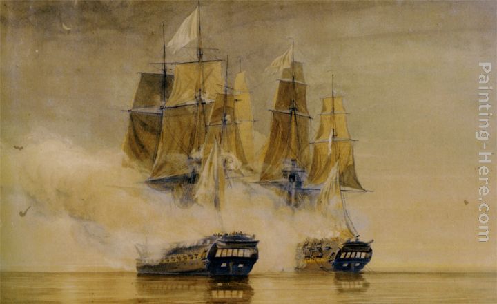 Action between HMS Amethyst and the French frigate Thetis painting - Thomas Whitcombe Action between HMS Amethyst and the French frigate Thetis art painting